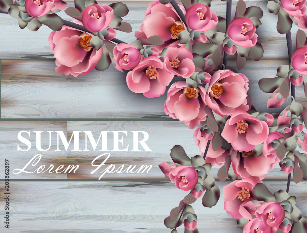 Naklejka premium Summer background with pink flowers branches on wooden background. Vector realistic 3d floral bouquets
