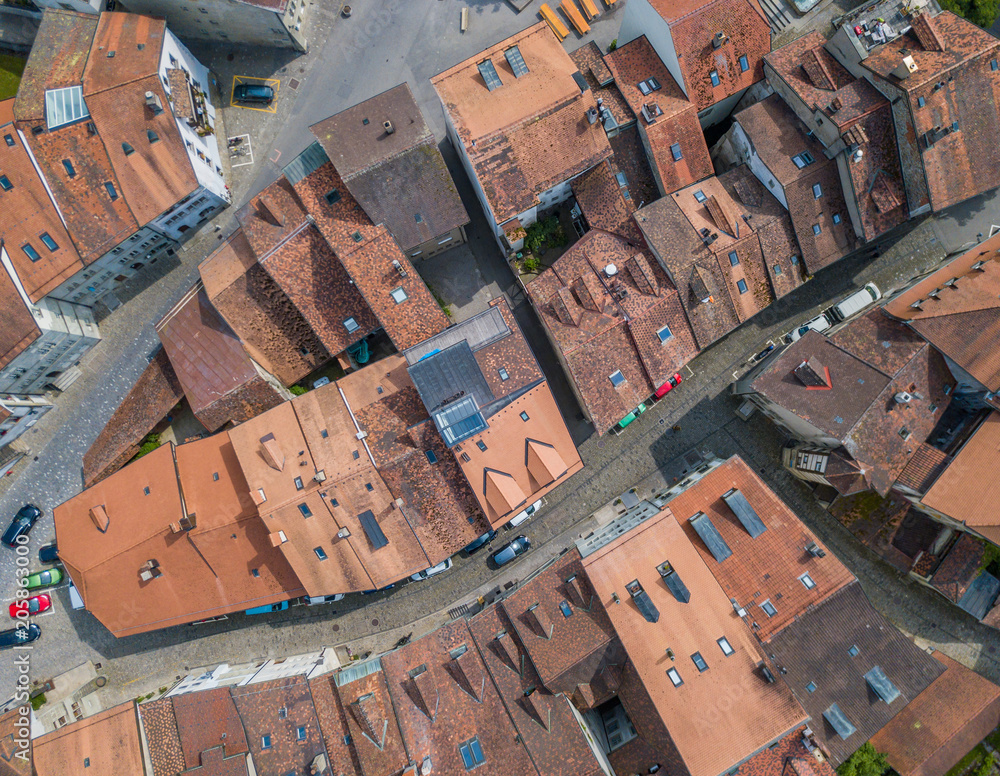 Obraz premium Aerial view of old medieval city of Fribourg in Switzerland on a beautiful summer day