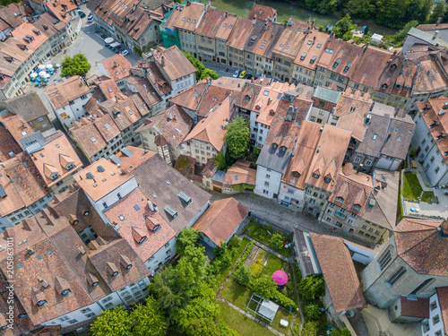Aerial view of old medieval city of Fribourg in Switzerland on a beautiful summer day