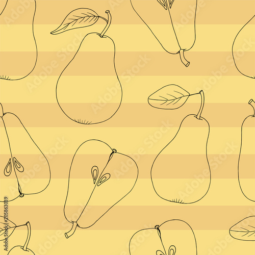 seamless vector background with silhouette ripe pears on yellow stripes