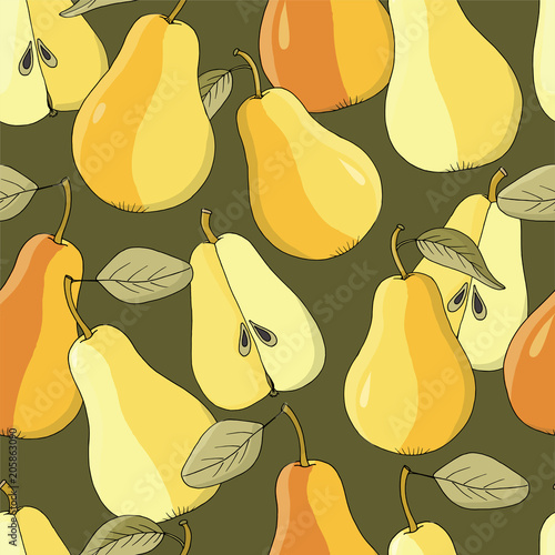 seamless vector  background with ripe pears on dark green