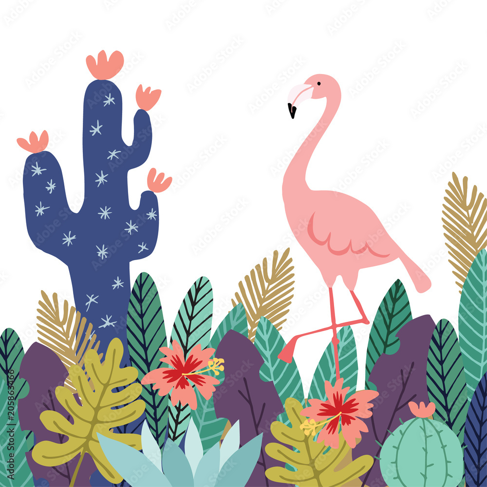 Summer tropical background, banner. Flamingo bird with cactuses, succulent plants, palm leaves and flowers. Stock vector illustrations, flat design.