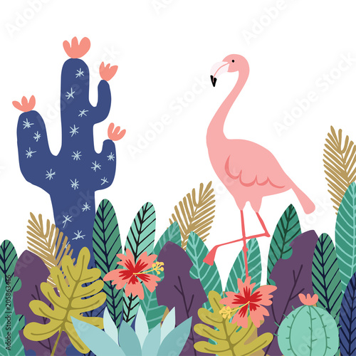 Summer tropical background  banner. Flamingo bird with cactuses  succulent plants  palm leaves and flowers. Stock vector illustrations  flat design.