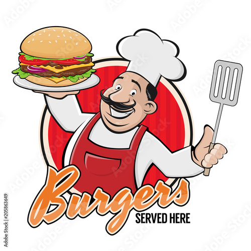 happy chef serving a delicious burger sign