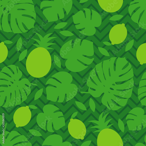 Seamless background in tropical fruit and palm leaves. Cute cartoon. Vector illustration. Textile rapport.