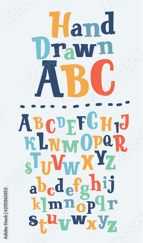 Plakat Wektor ręcznie rysowane kreskówka typografia angielskie litery w innym kolorze. Wielkie i małe litery łacińskie oraz symbole specjalne.
