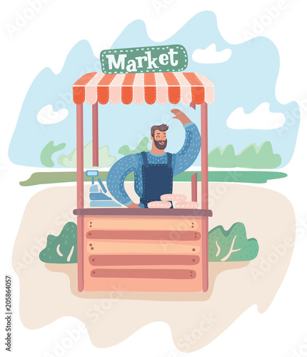Young greengrocer standing near market stall.