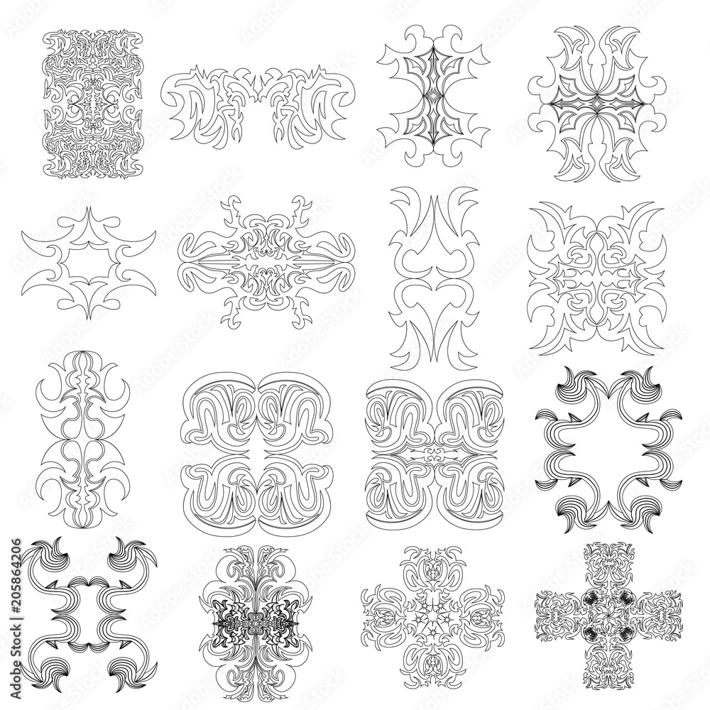 Set with decorative patterns and ornaments