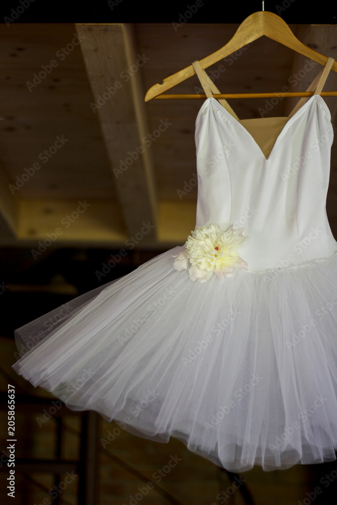 white classical tutu hanging on a wooden ceiling white classical tutu hanging on a wooden ceiling