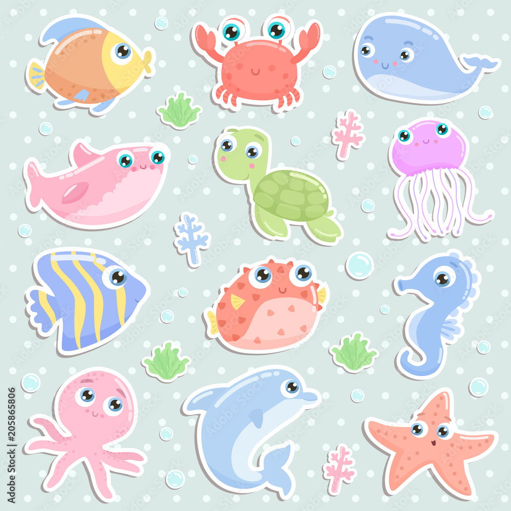 Fototapeta premium Cute sea animal stickers. Flat design.