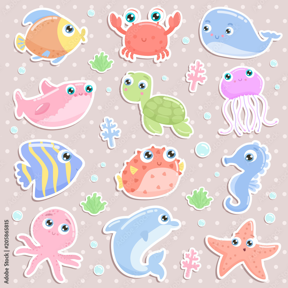 Cute sea animal stickers. Flat design.