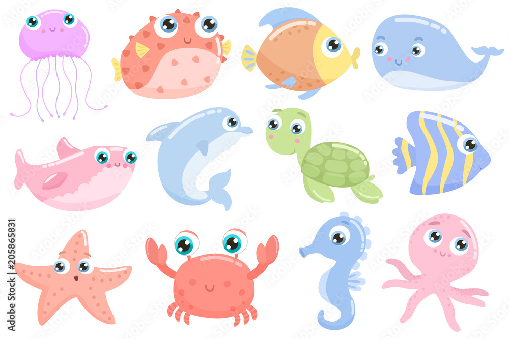 Fototapeta premium Cute sea animals. Flat design.