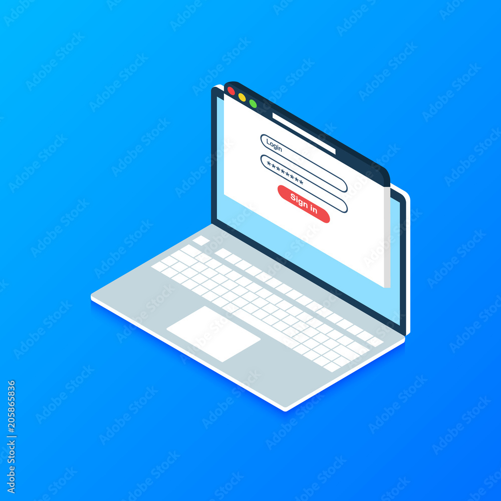 Isometric Laptop with login and password form page on screen. Sign in to account, user authorization, login authentication page concept. Username, password fields. Flat design, vector illustration.