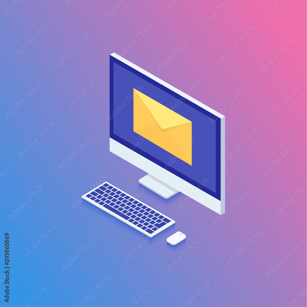Isometric Email concept, technology in isometric design. Data analysis, checking email. Vector illustration. Computer monitor 3d isometric flat design. Isometric Email concept, technology in isometric design. Data analysis, checking email. Vector illustration. Computer monitor 3d isometric flat design.