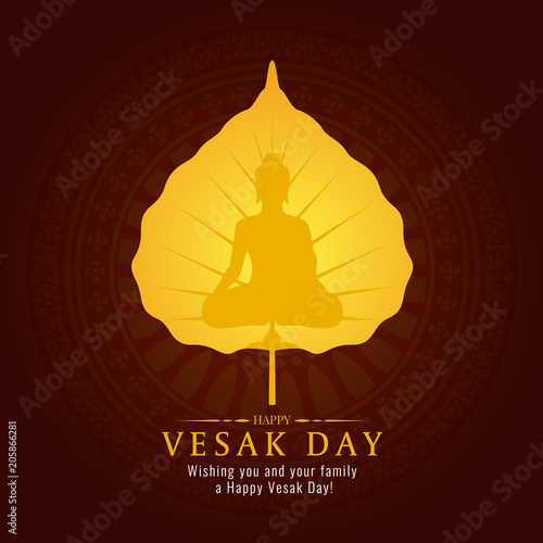 Vesak day banner card with gold Buddha sign on gold Bodhi leaf vector design