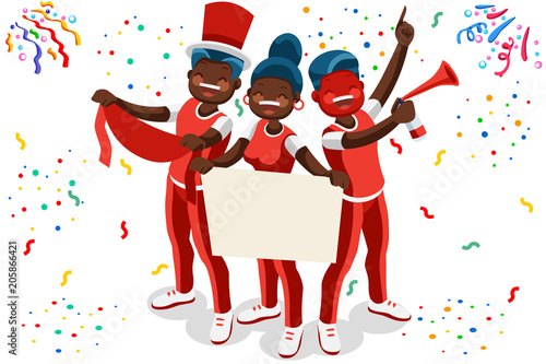 Cheering crowd of football fans isolated. Soccer fans at stadium, crowd of celebrating people. Clipart or sticker for goal post, web banner, infographics, hero images. Flat vector illustration.