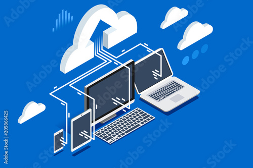 Pc software upload of user data to cloud storage on remote device. Isometric clipart, sticker or icon for web banner, infographics, hero images. Flat isometric vector.