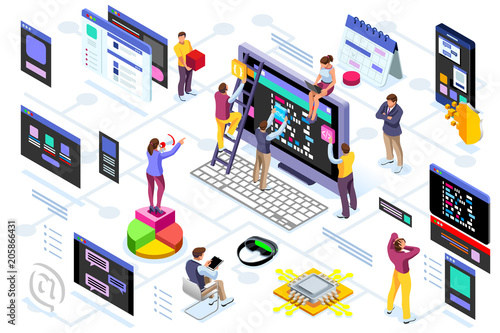 Programming software interface on device by engineers. Application for company project. A space of professional solutions for systems and softwares. Conceptual illustration. Isometric people vector.