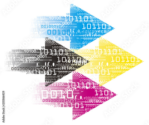 Print colors Arrows with  binary codes, print data. 
Grunge stylized arrows with binary codes and CMYK print colors. Vector available. 