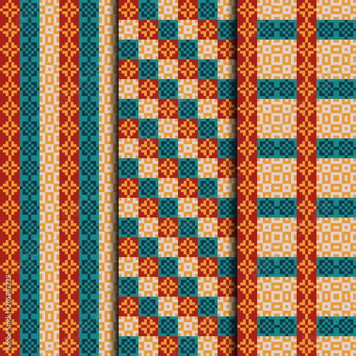 Set of 3 seamless patterns striped design. Gingham textile prints. Vector fashion backgrounds.