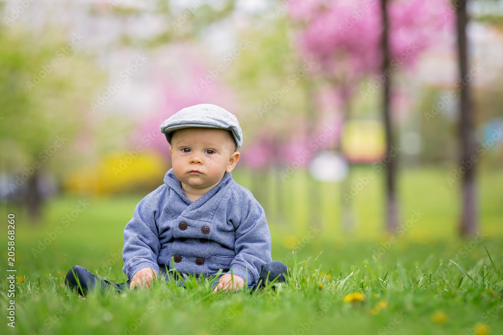Portrait of cute stylish smiling toddler boy sitting n the grass in park outdoors Portrait of cute stylish smiling toddler boy sitting n the grass in park outdoors