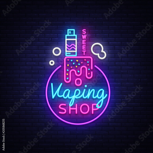 Logo electronic cigarette in neon style. Vape Shop Neon Sign, Sweet Vape Shop Concept, Emblem, Bright Night Signboard, Neon Advertising Electronic Cigarettes. Vector illustration