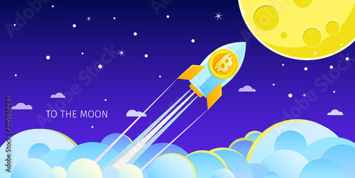 Concept of Crypto-currency. Rocket flying to the moon with bitcoin icon.