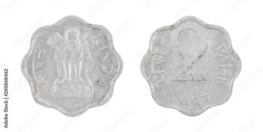 Indian Currency or Indian old Coin 2 Paise 1977 isolated on White Background Indian Currency or Indian old Coin 2 Paise 1977 isolated on White Background