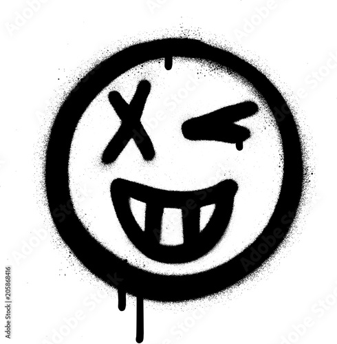 graffiti grin and wink icon face in black over white