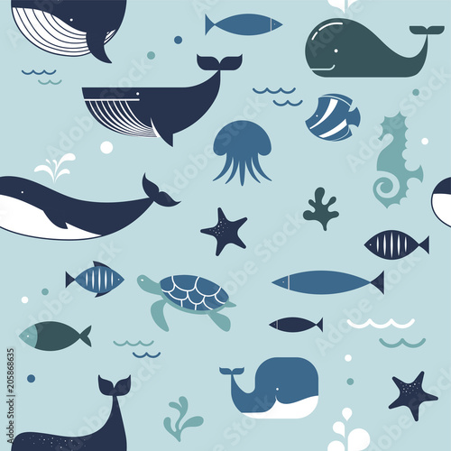 Sea life, whales, dolphins, seamless pattern