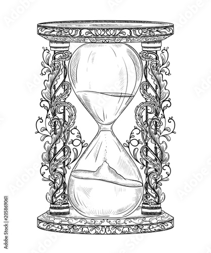 Vintage hourglass with floral ornament. Engraved style. Isolated object. Design template for print, poster, tattoo, t-shirt.  Black and white vector illustration