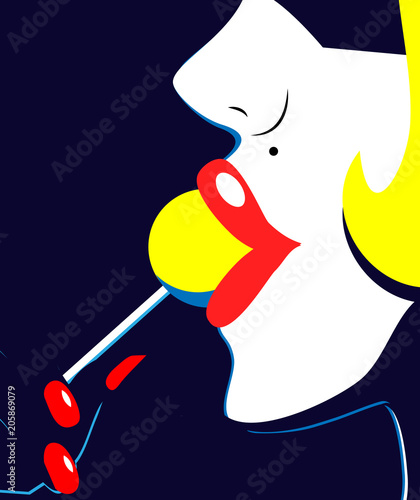 Woman red lips licking lollipop. Vector illustration in flat pop art style