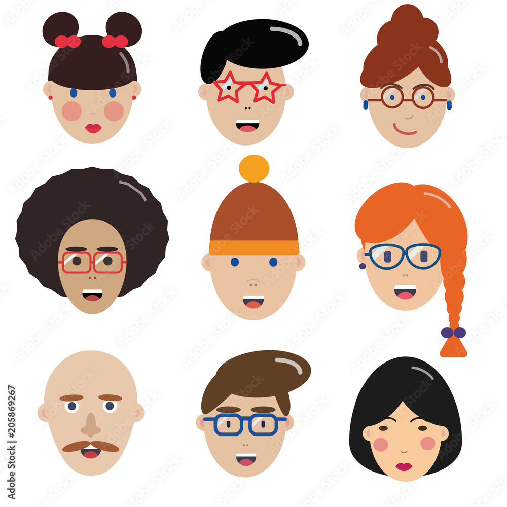 Multinational man and woman icons. Happy people avatars for social media and applications. Boy and girl children set with different hairstyles in flat design. Human icon collection. Multinational man and woman icons. Happy people avatars for social media and applications. Boy and girl children set with different hairstyles in flat design. Human icon collection.