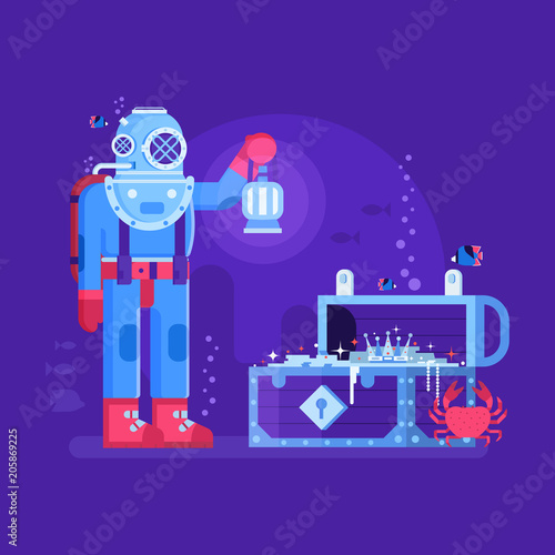 Presenting new features illustration with deep diver on seabed finding treasures. Success, exploring and discovering new opportunities concept with retro diver and open gold chest on underwater world.
