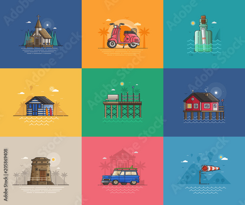 Abstract seaside coast landscapes. Beach resort town places and infrastructure spot illustrations for tourist travel agency UI applications. Summer sea vacation activities concept scenes and cards.