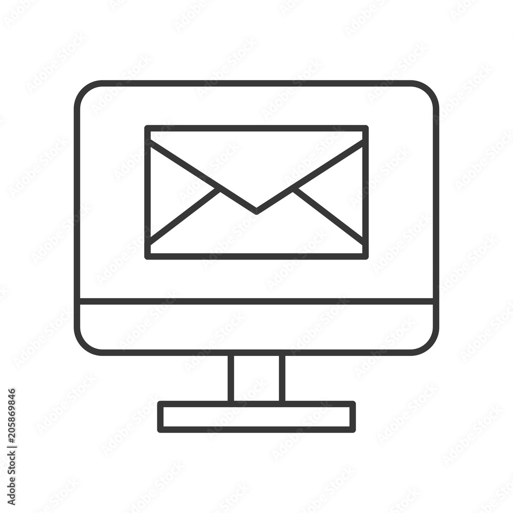 Envelope on computer screen, message and email, line icon Envelope on computer screen, message and email, line icon