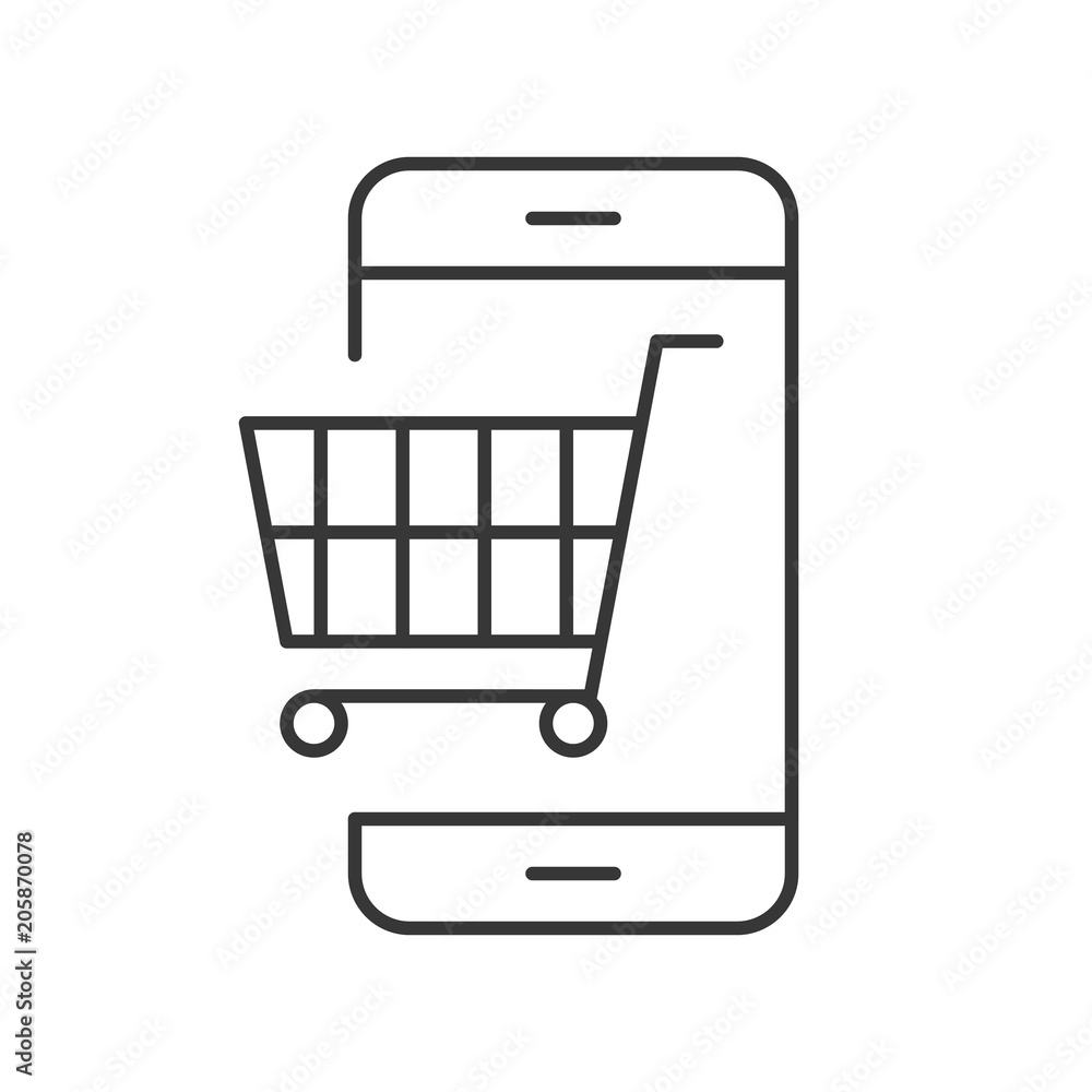 Trolley on cellphone screen, Line icon shopping online and e commerce concept Trolley on cellphone screen, Line icon shopping online and e commerce concept