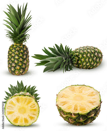 Collection pineapple fruit whole, cut in half with green leaves