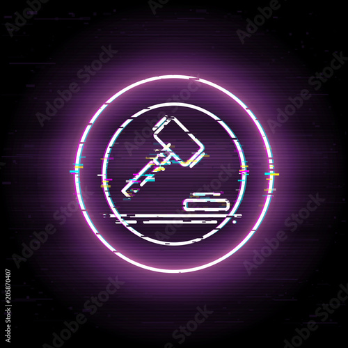 Finance auction glitched icon, business case judgement vector art, glitch digital bargain illustration