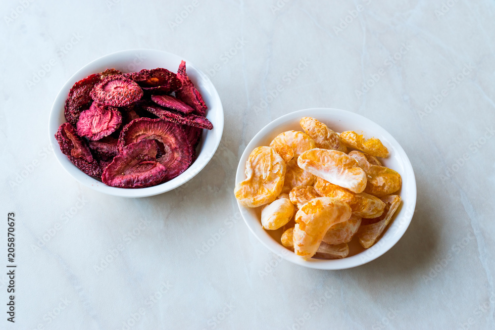 Dried Fruit Chips Mandarin and Strawberry in small Bowl. Dried Fruit Chips Mandarin and Strawberry in small Bowl.