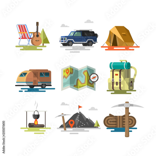 Fototapeta Naklejka Na Ścianę i Meble -  Camping. Set of camping equipment symbols and icons.