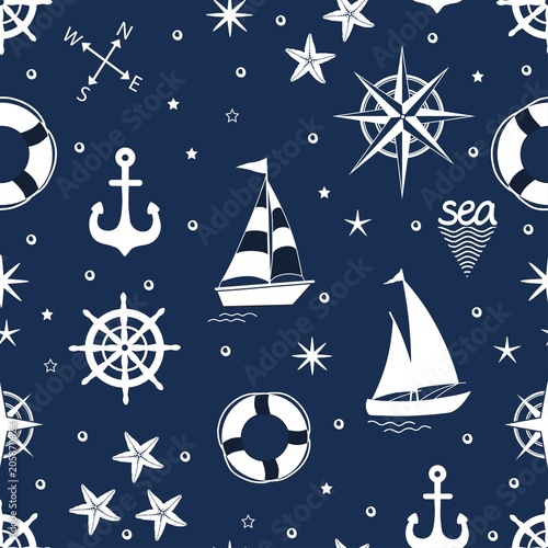 Marine seamless pattern with nautical elements