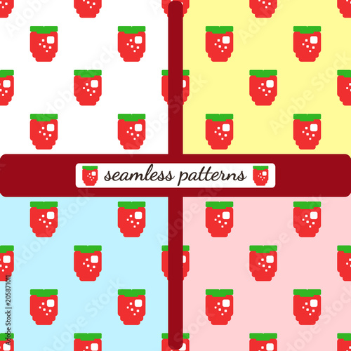 Raspberries. Stylized and bright. Seamless patterns. Set.