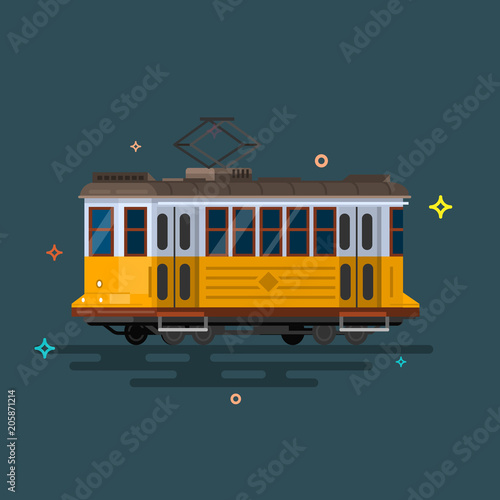 Vintage tram. Retro tram. Detailed tram. Side view tram. 