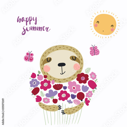 Hand drawn vector illustration of a cute funny sloth with a bouquet of flowers, butterflies, sun, lettering Happy summer. Isolated objects. Scandinavian style flat design. Concept for children print.
