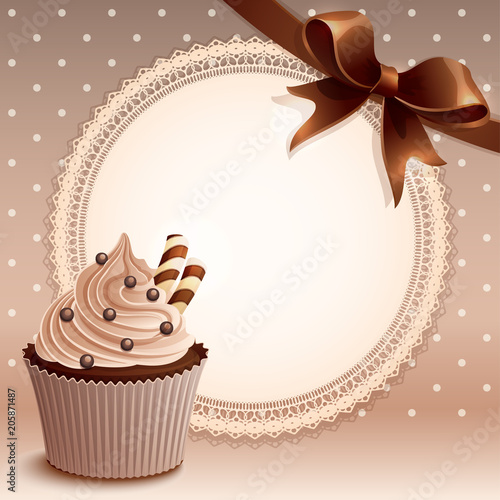 Vector illustrtion - vintage background with cupcake and bow