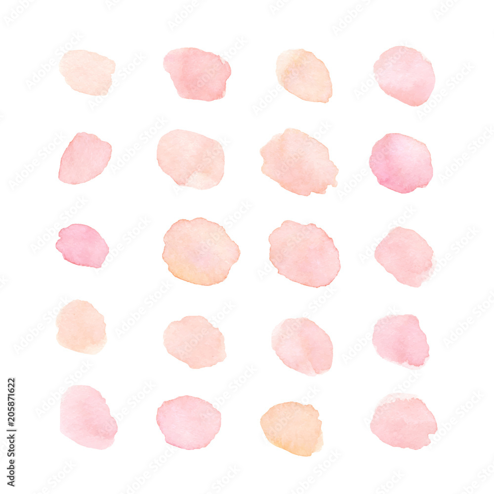 Hand painted soft pink and peach watercolor dots and blots isola