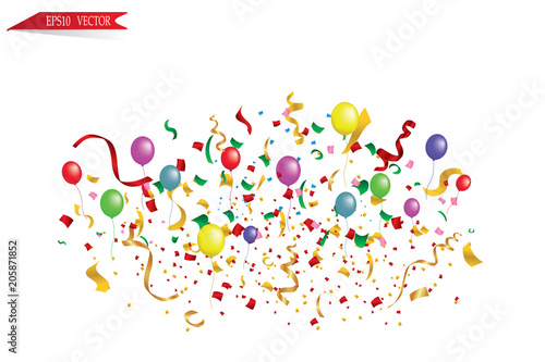 White paper banner, colored balloons and colored confetti. vector file.