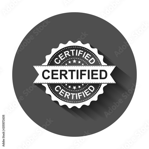 Certified grunge rubber stamp. Vector illustration with long shadow. Business concept certified stamp pictogram.