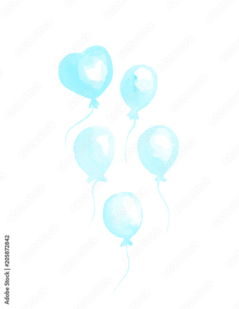 Bright blue watercolor balloons Hand drawing Bright blue watercolor balloons Hand drawing